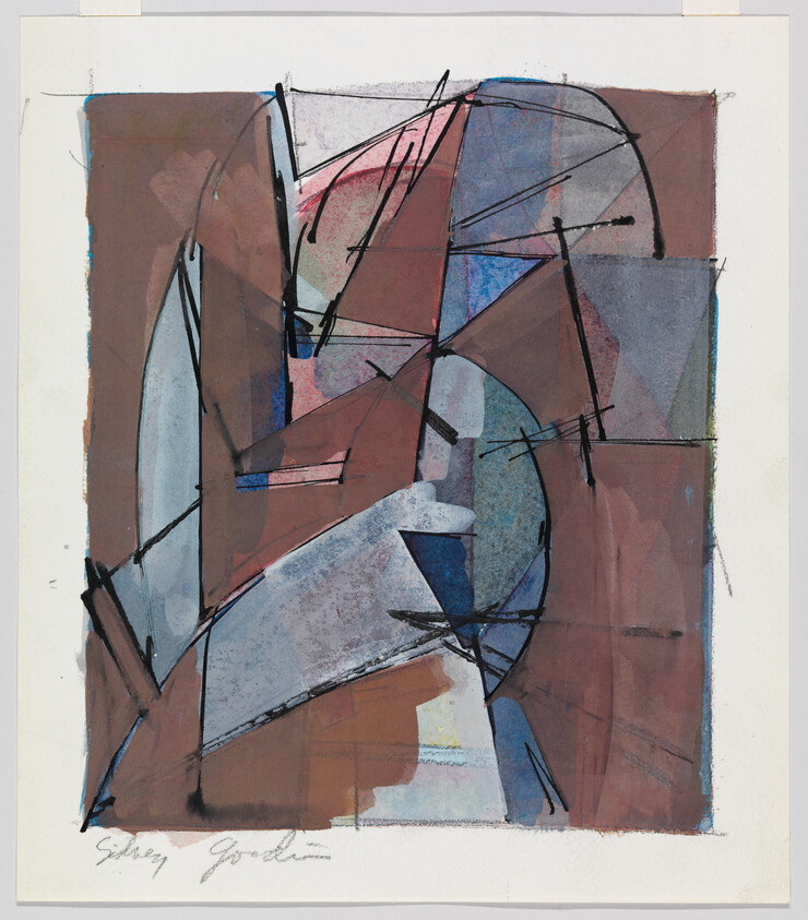 Abstract composition of overlapping geometric shapes in muted browns and blues with black sketch lines.