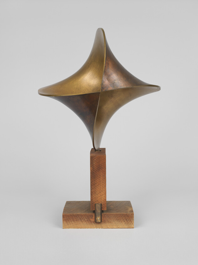 A bronze sculpture with a star-like shape mounted on a wooden base. The sculpture has a smooth, polished surface with a golden-brown patina and is displayed against a neutral background.