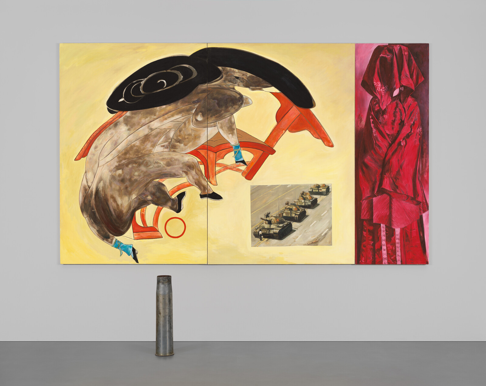 Large painting showing a leaping horse with a black hat, red draped figure, and tanks, with a shell casing below.