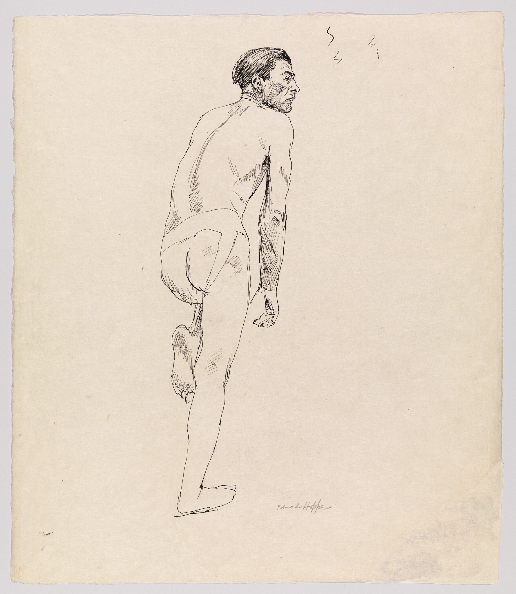 Nude man balancing on one leg while looking over his shoulder.