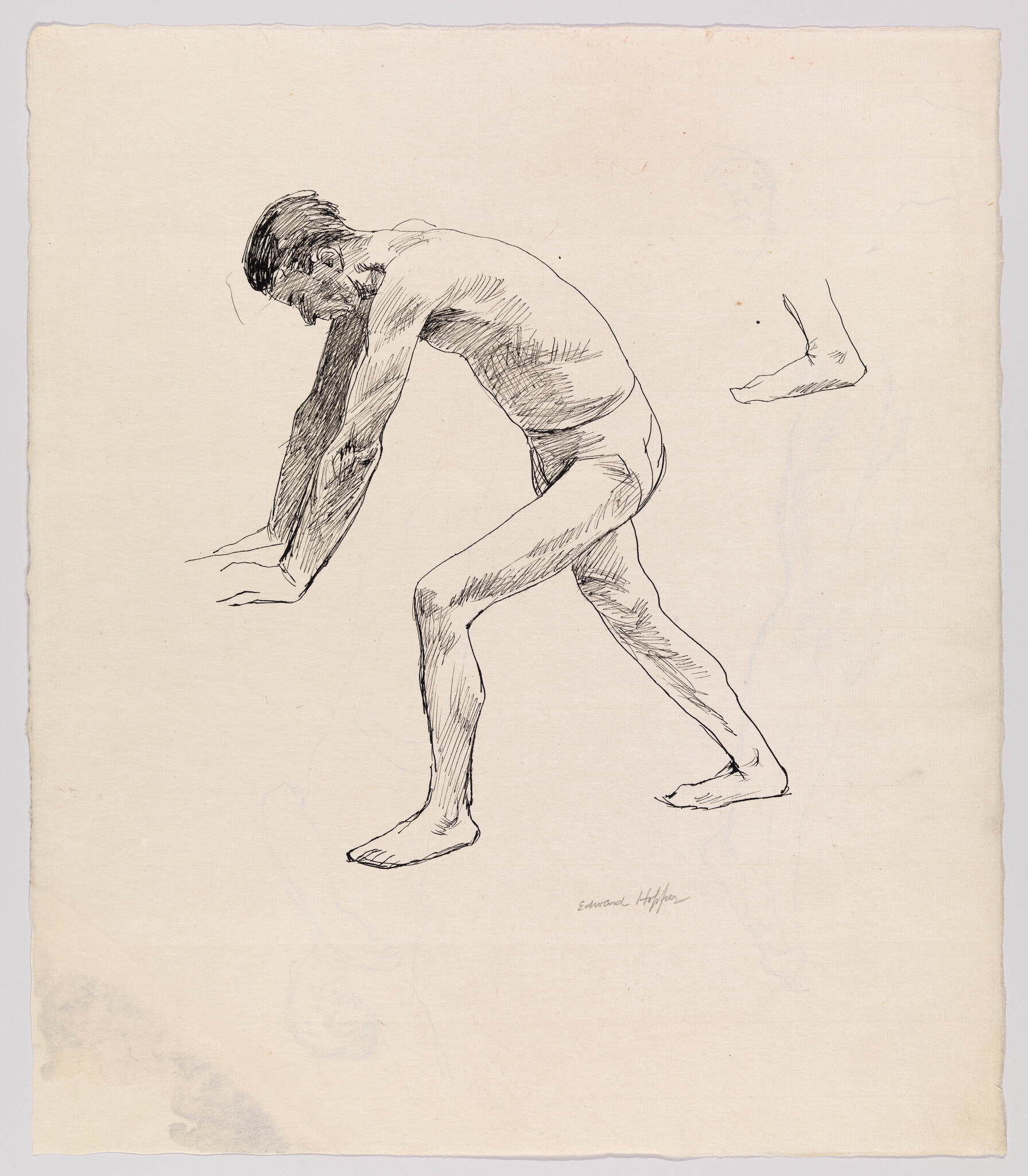 Nude male figure leaning forward with hands on a surface and one leg extended back.