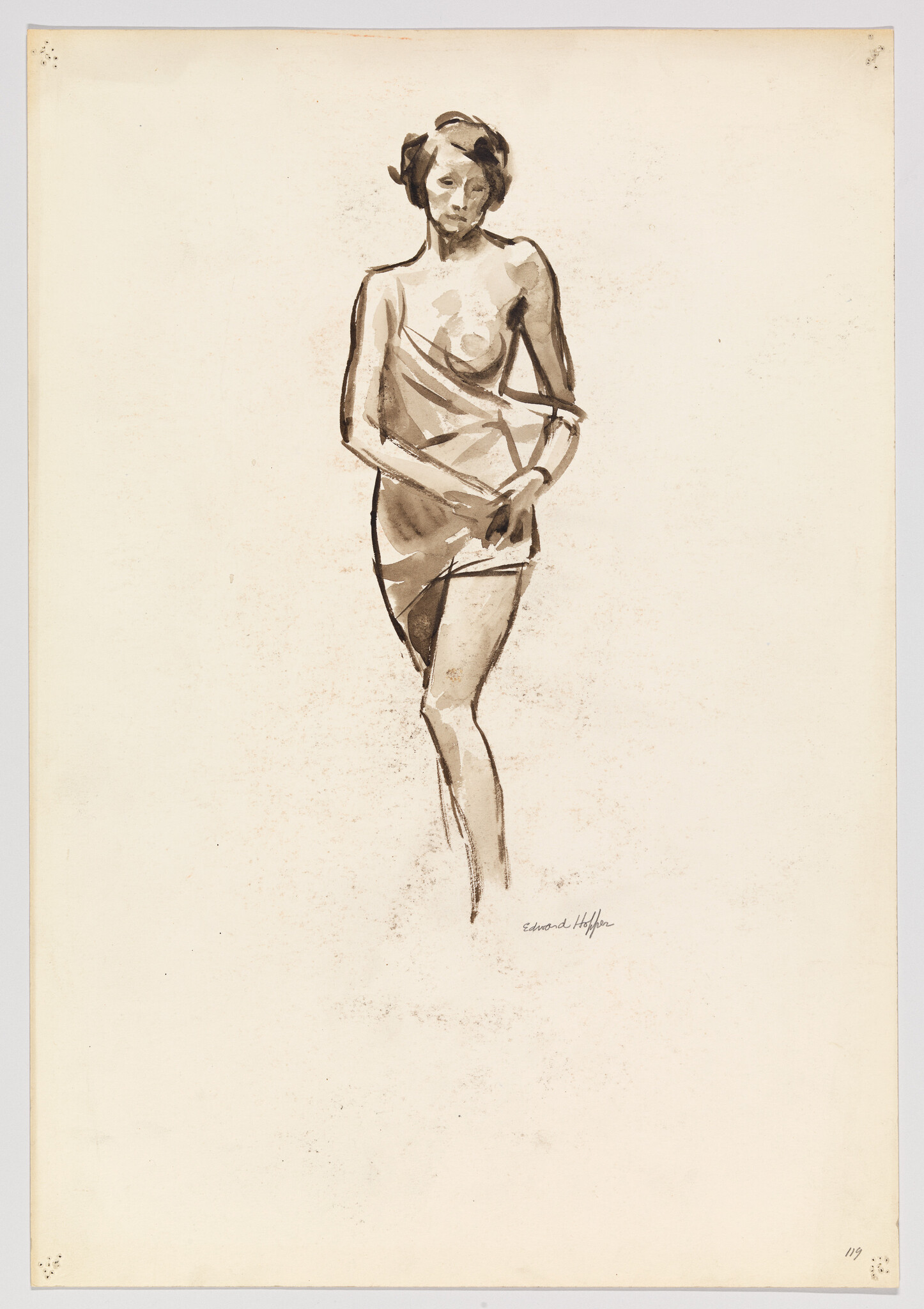 A standing woman lightly draped in cloth holds the fabric across her hips in a sketch.