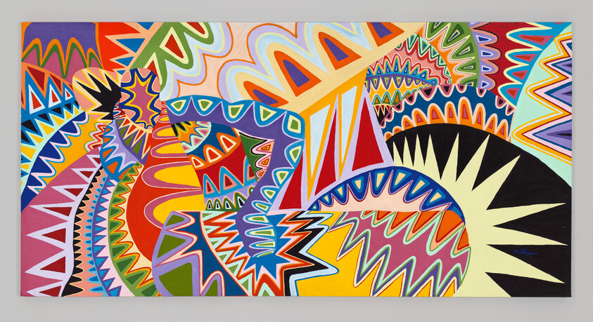 Vibrant abstract painting with dynamic shapes and colorful patterns on canvas.