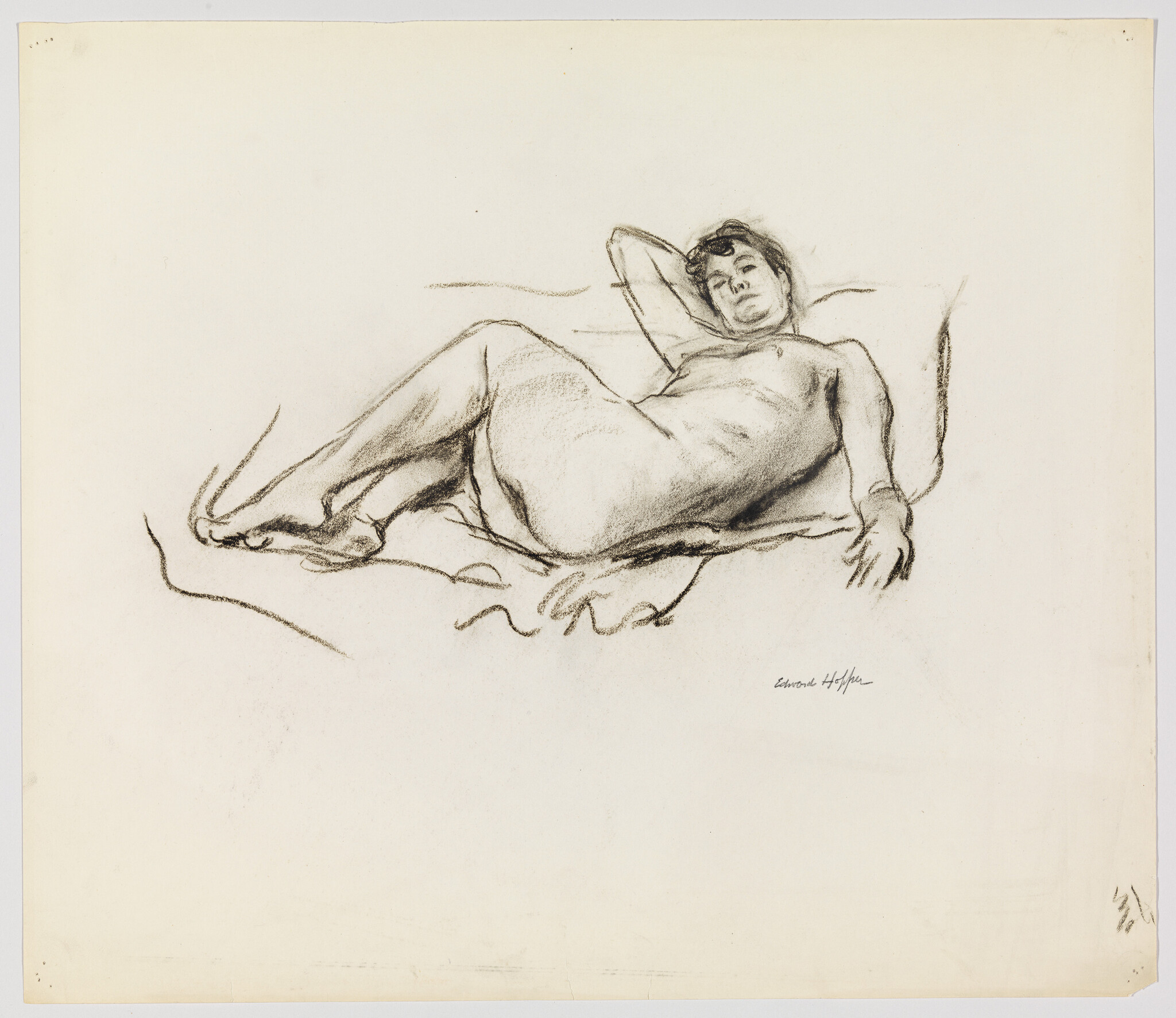 A reclining nude woman lies on a bed, one arm behind her head, sketched in charcoal.