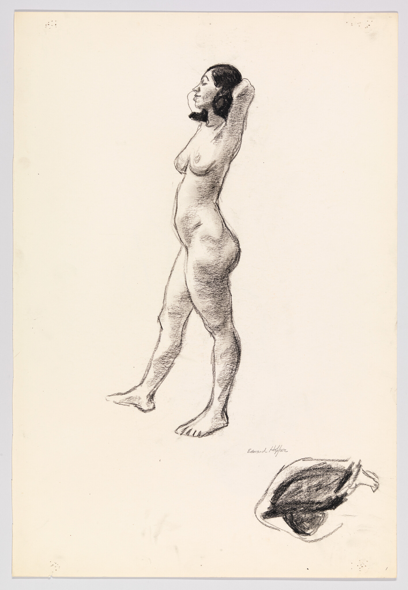 Nude woman standing in profile with hands behind her head, charcoal sketch and small separate study.
