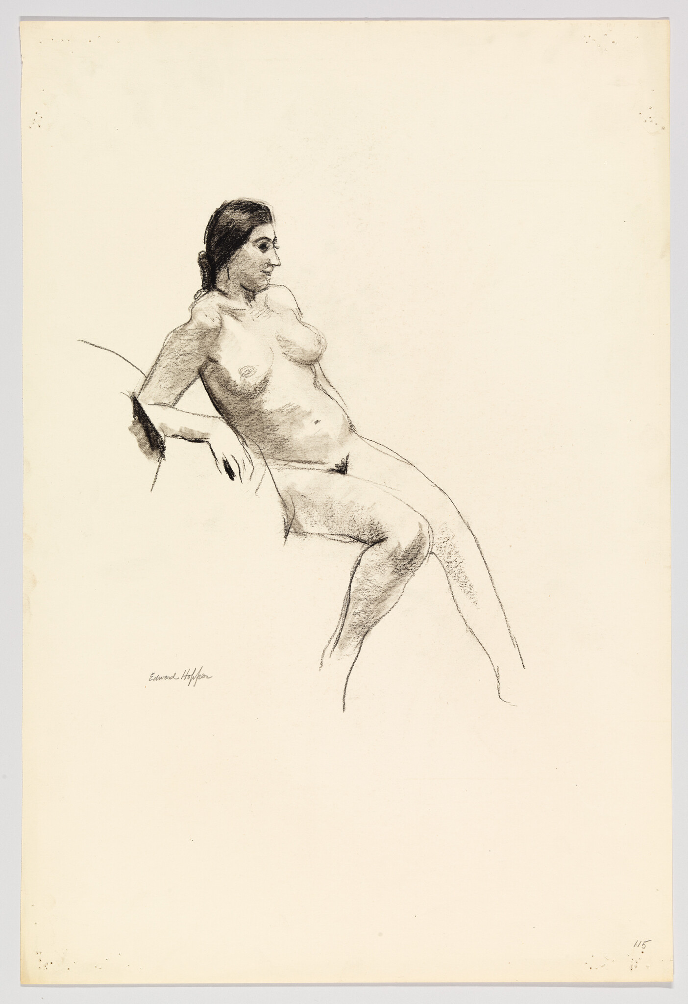 A charcoal sketch of a seated nude woman reclining with one arm resting and legs crossed.