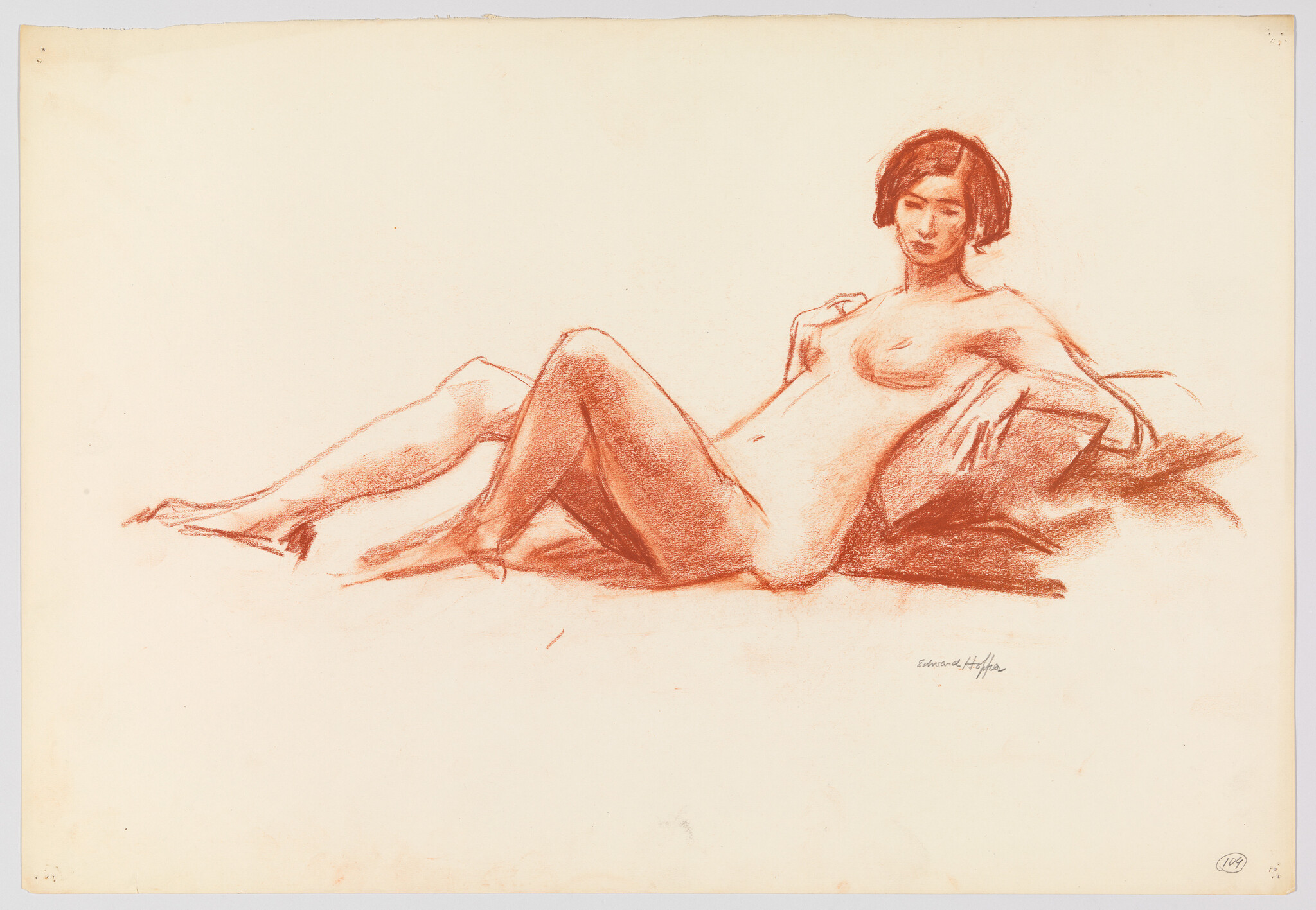 A reclining nude woman rests on pillows, drawn in loose red chalk lines.