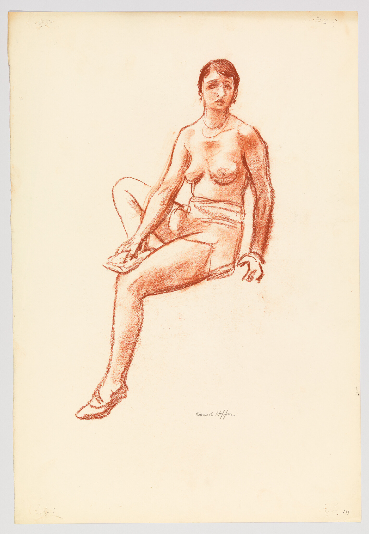 A red chalk drawing of a seated nude woman with one leg extended and hand resting.