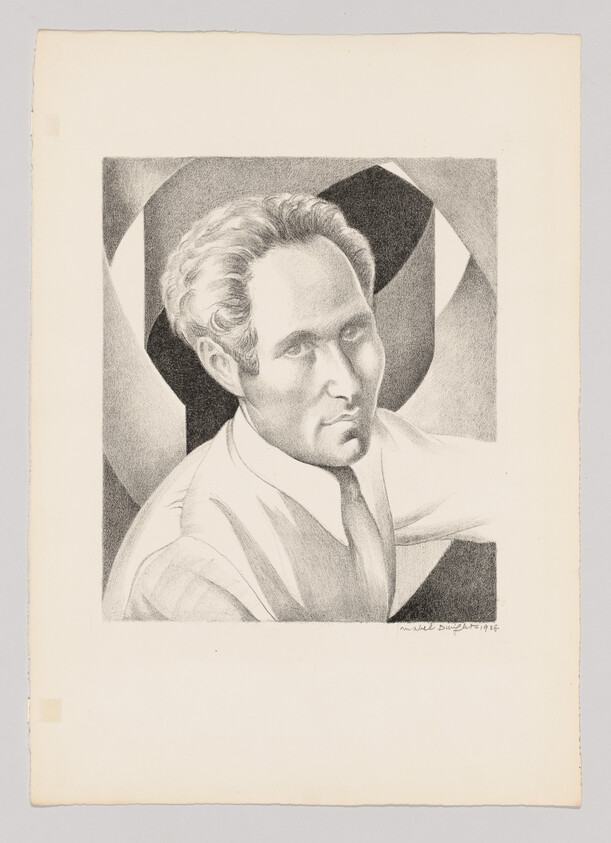 A seated man in a shirt and tie looks slightly to the side against geometric shapes.