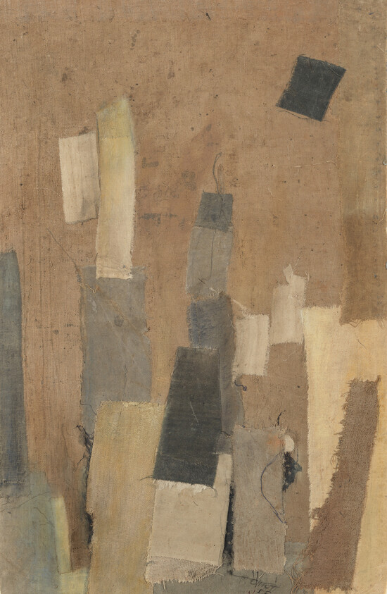 Vertical fabric scraps and rectangles in muted tones arranged like an abstract cityscape.