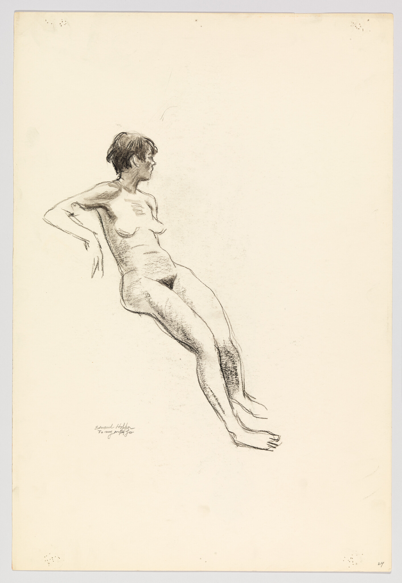 A charcoal sketch of a nude woman reclining and leaning back with her hands behind her.