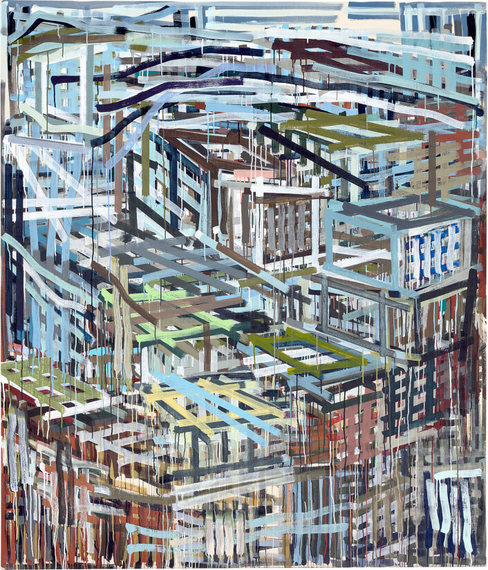 Abstract layered cityscape with overlapping grid-like structures and vertical paint drips.