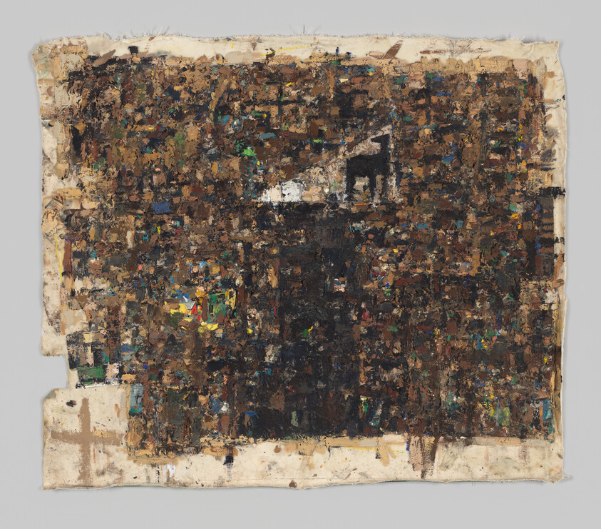 Large textured abstract painting with thick brown and black paint and worn, frayed canvas edges.