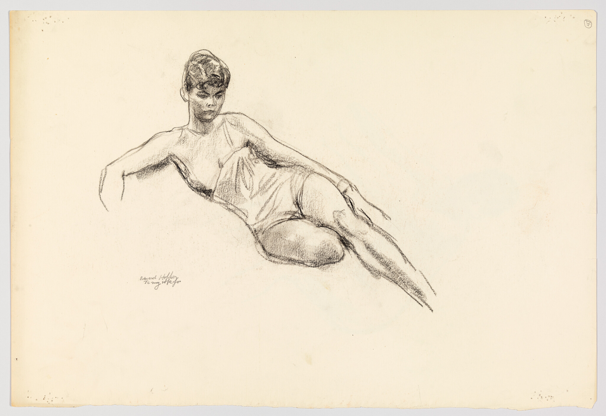 Reclining woman in a swimsuit drawn in charcoal, resting with one arm bent.