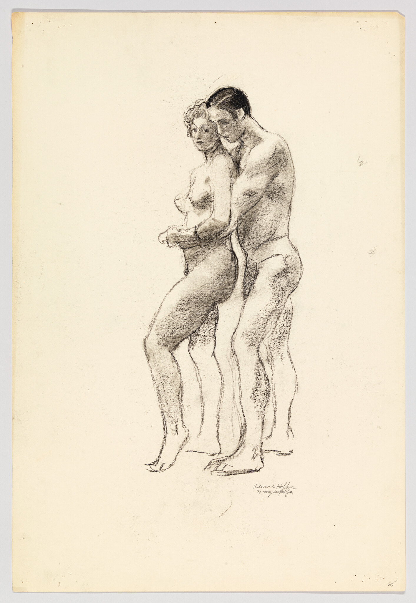 A charcoal sketch of a man standing behind a woman, gently holding her waist.