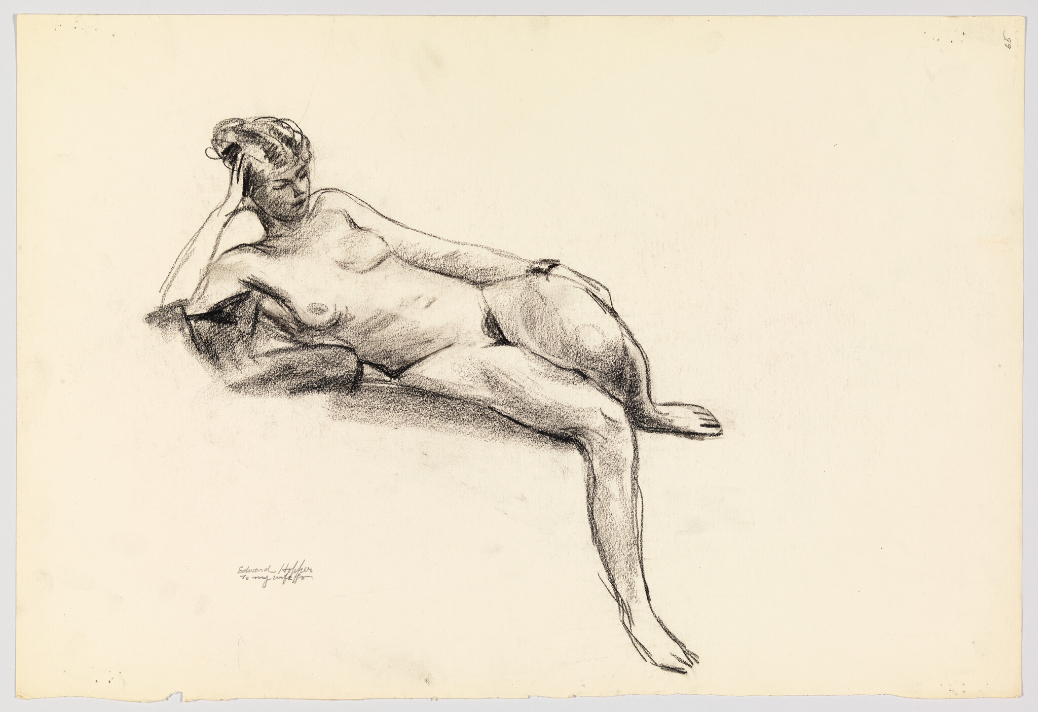 A reclining nude woman rests on her side with one arm supporting her head.