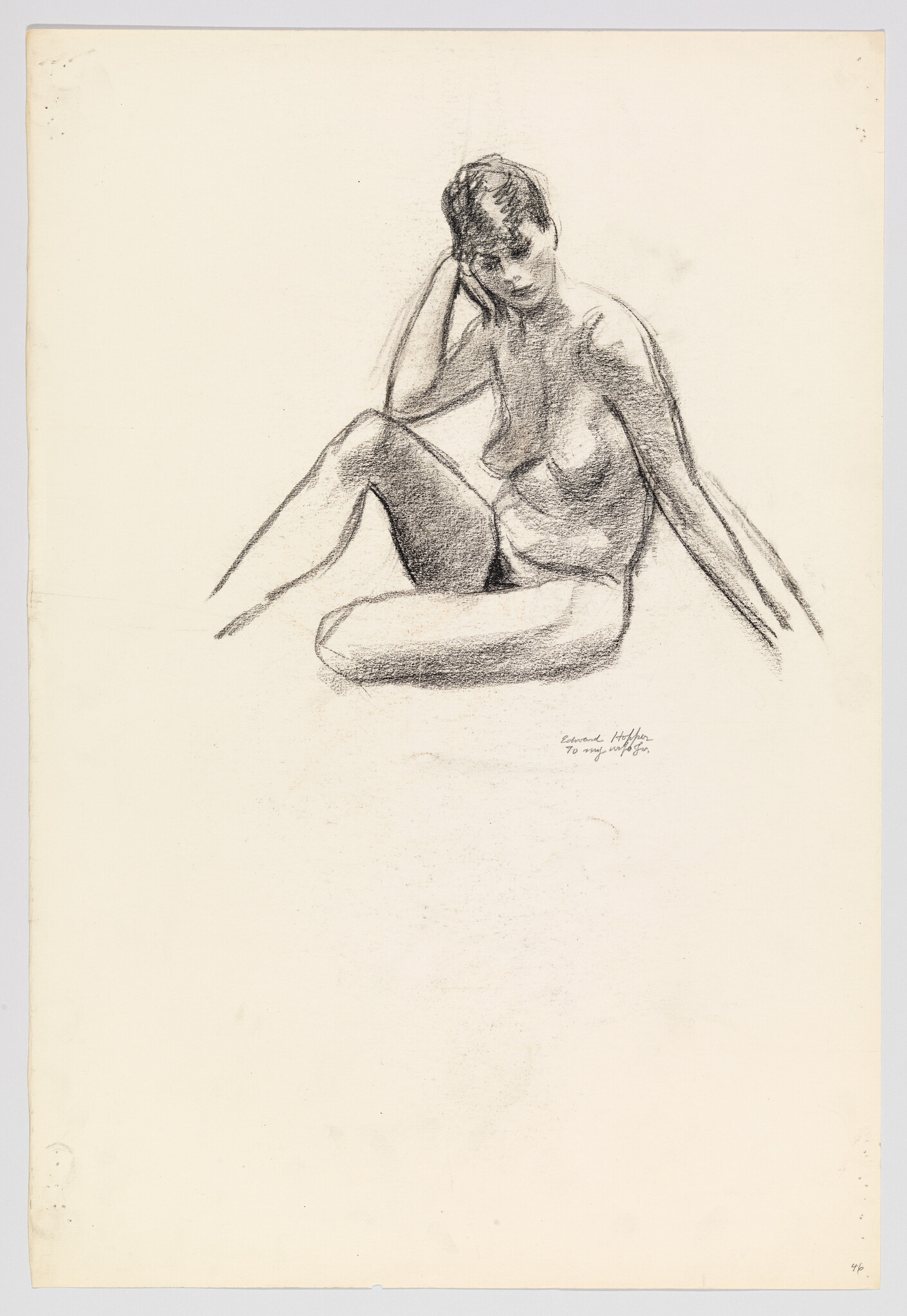 Charcoal sketch of a seated nude woman resting her head on one hand.