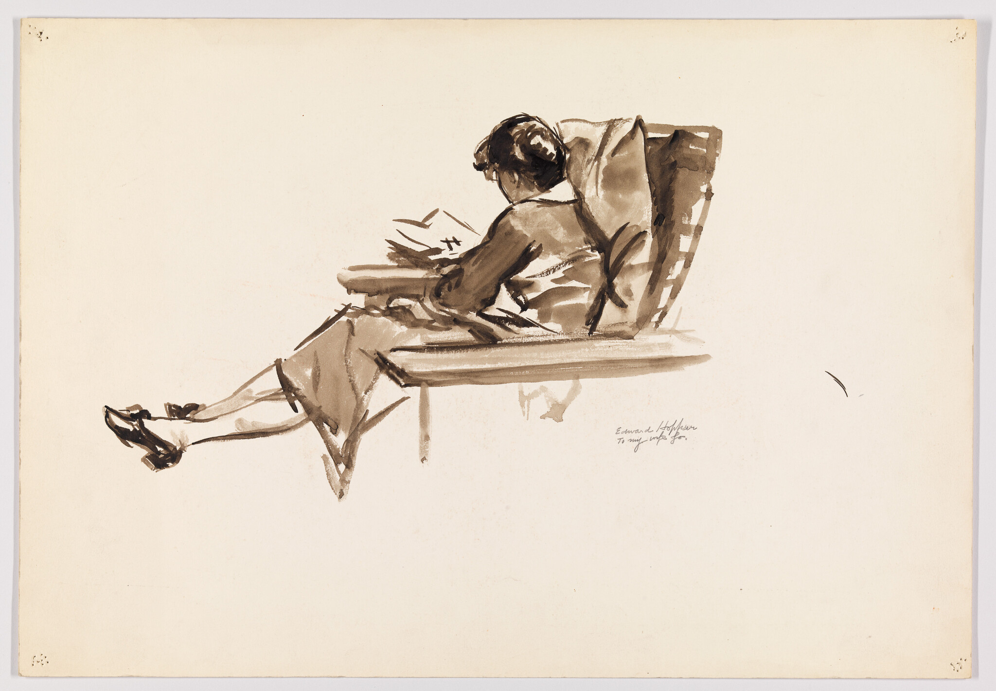 Sketch of a person lounging on a chair, reading, with a loose, expressive style in sepia tones.