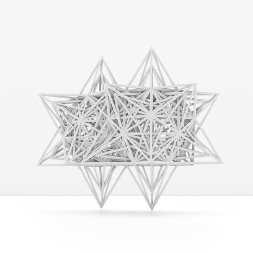 A complex white geometric star-shaped 3D lattice of interlocking triangular frames floating above a surface.