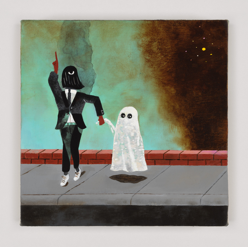 Illustration of a person with a moon head holding a red pencil next to a ghost, against a smoky brown backdrop.