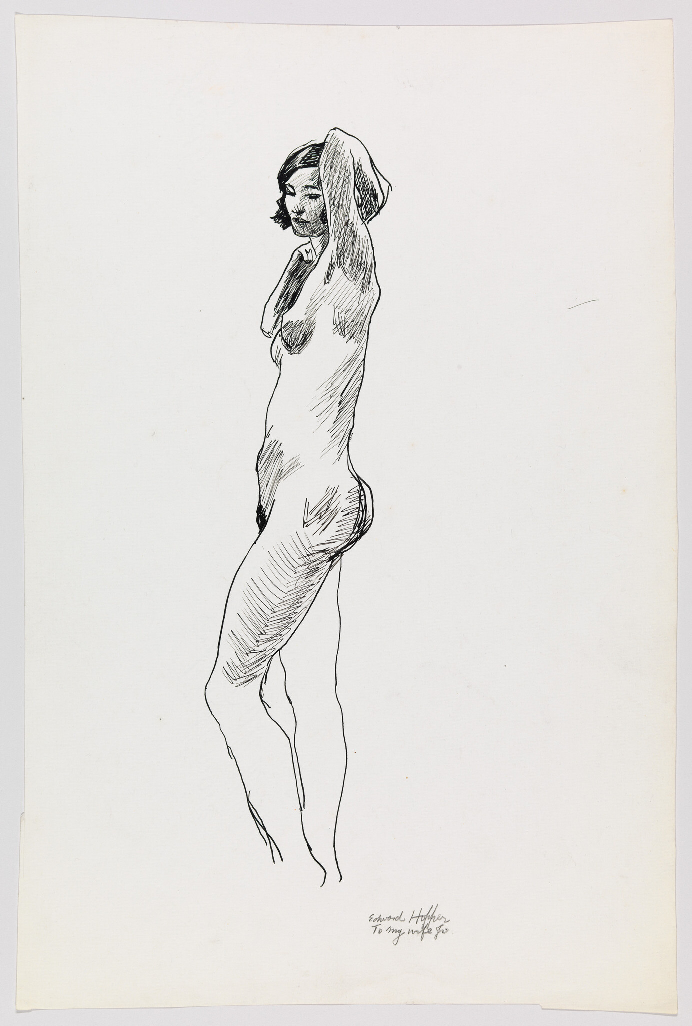 Nude woman standing with one arm raised behind her head in a simple pen drawing.