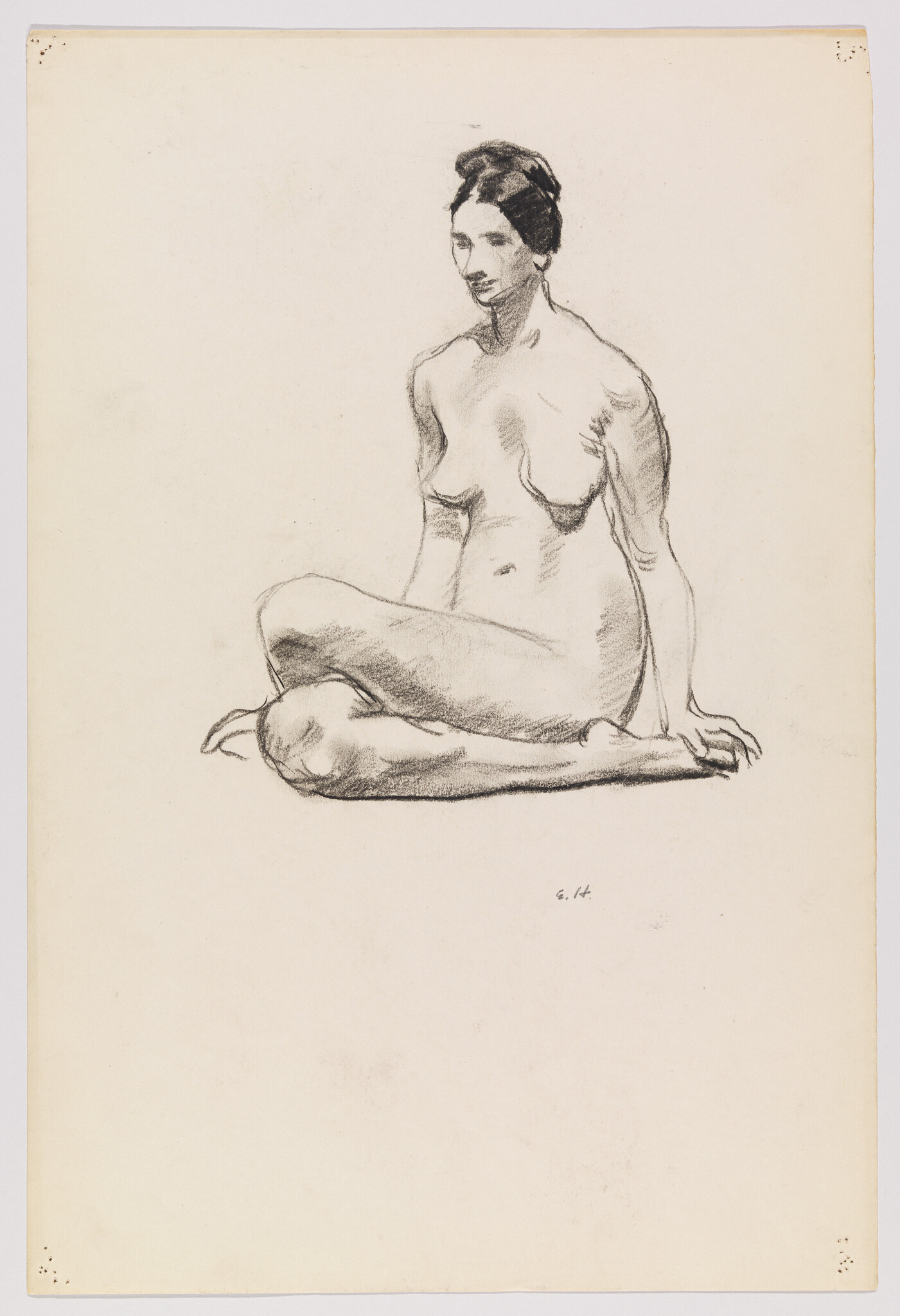 A seated nude woman with crossed legs and hands resting behind her on the floor.