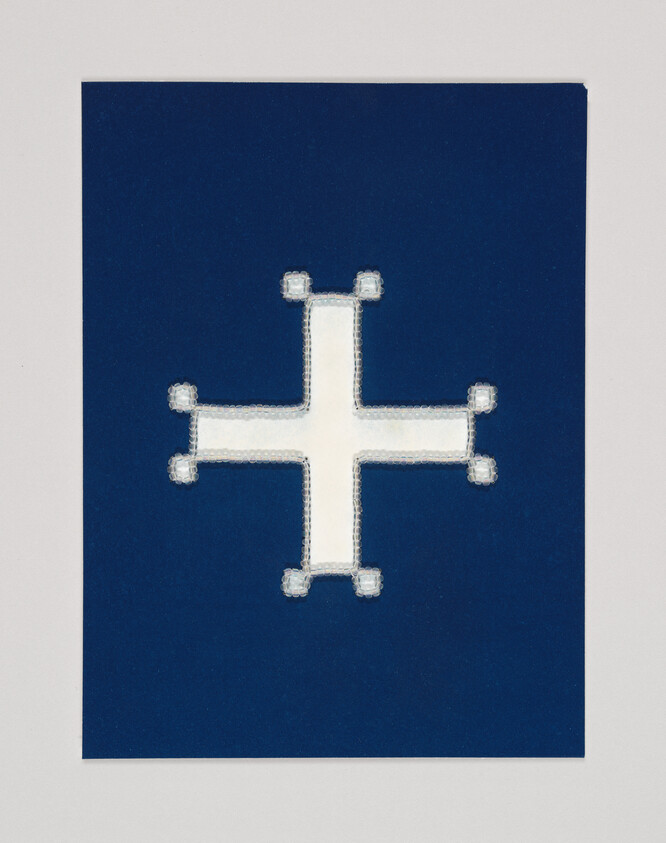 A white cross with rounded ends on a dark blue background, featuring a textured border.
