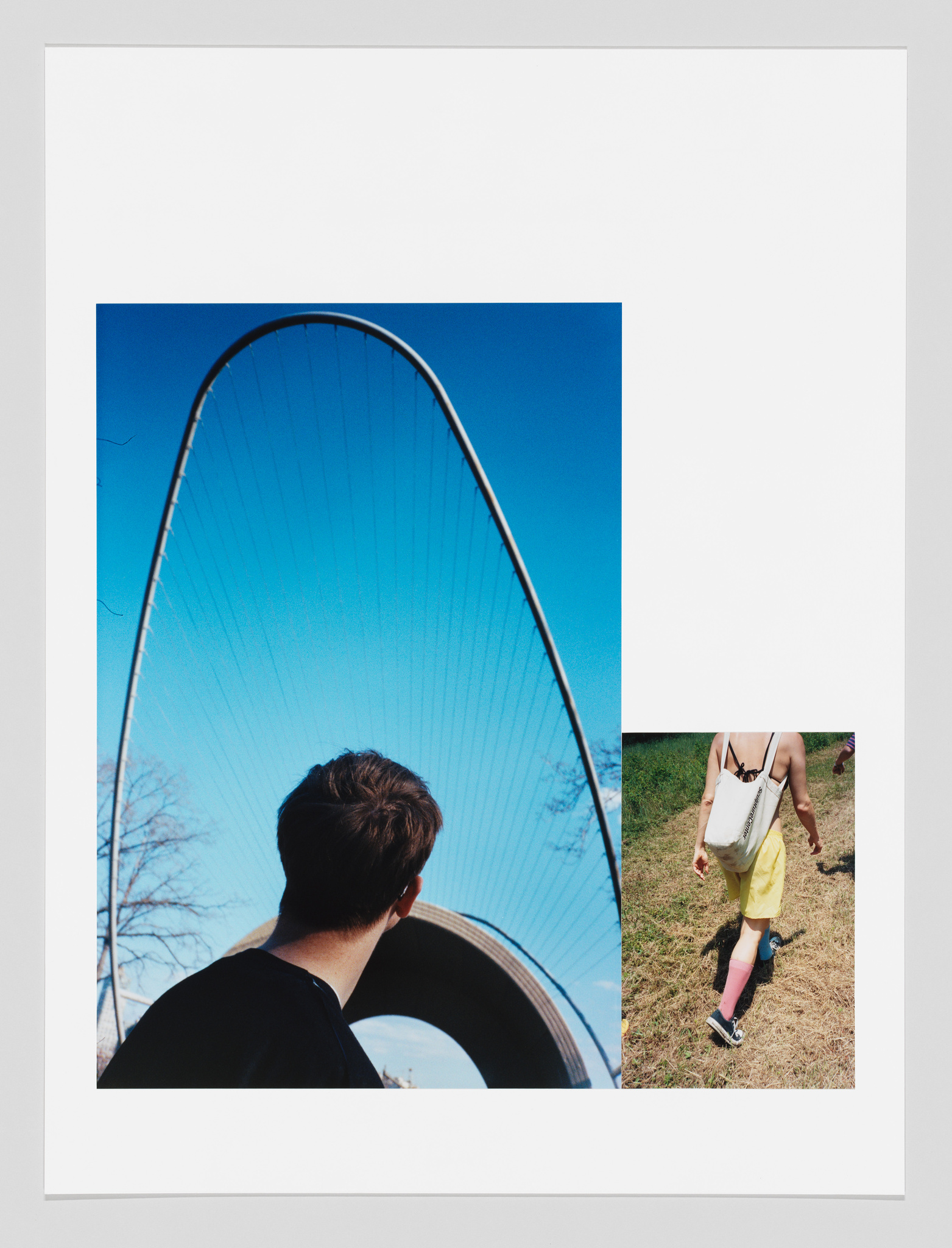 Two photos: Left, a person looks up at a large arch structure against a blue sky. Right, a person in a yellow dress walks on grass, carrying a white bag.