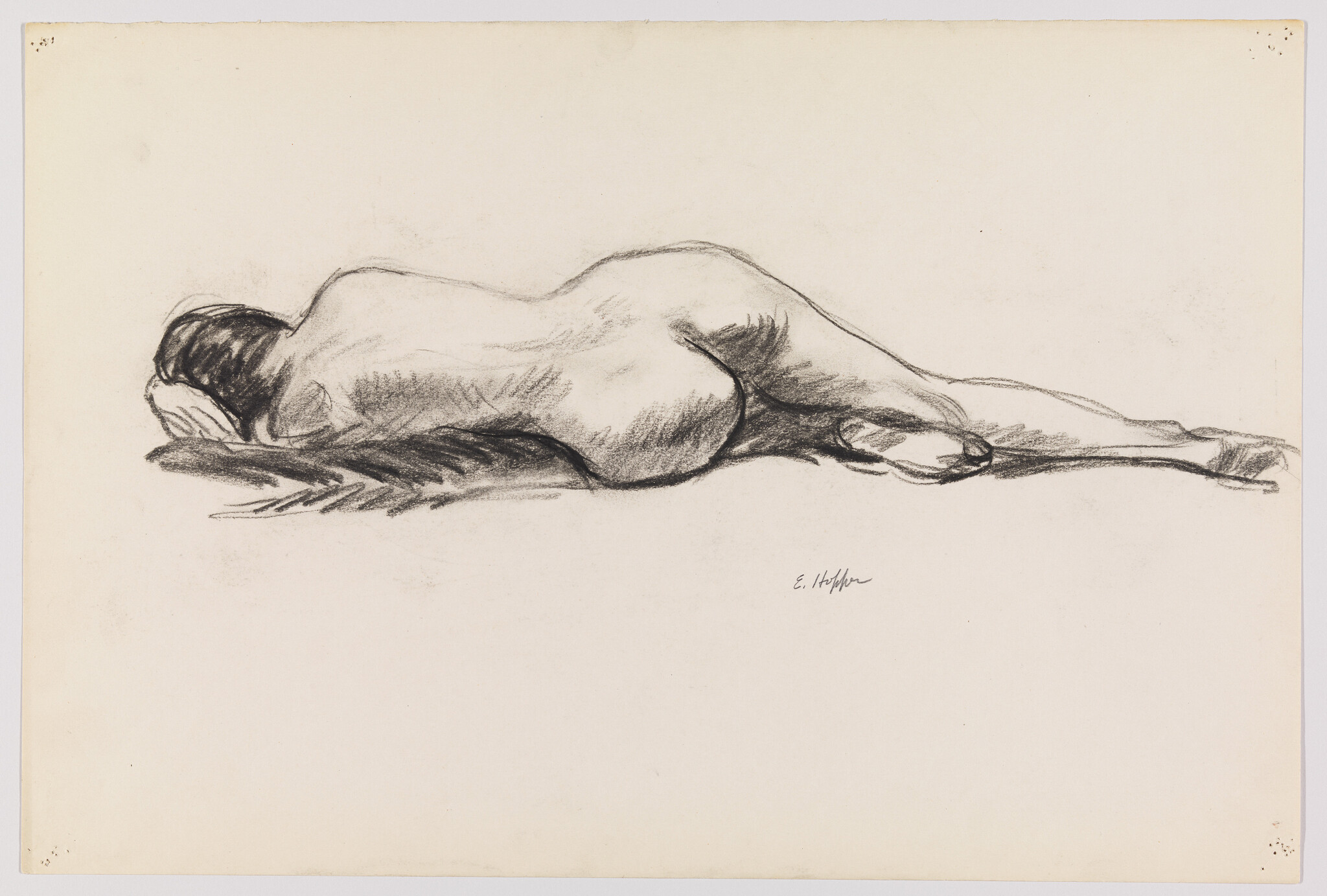 A reclining nude woman lies on her side with head resting on folded arm.