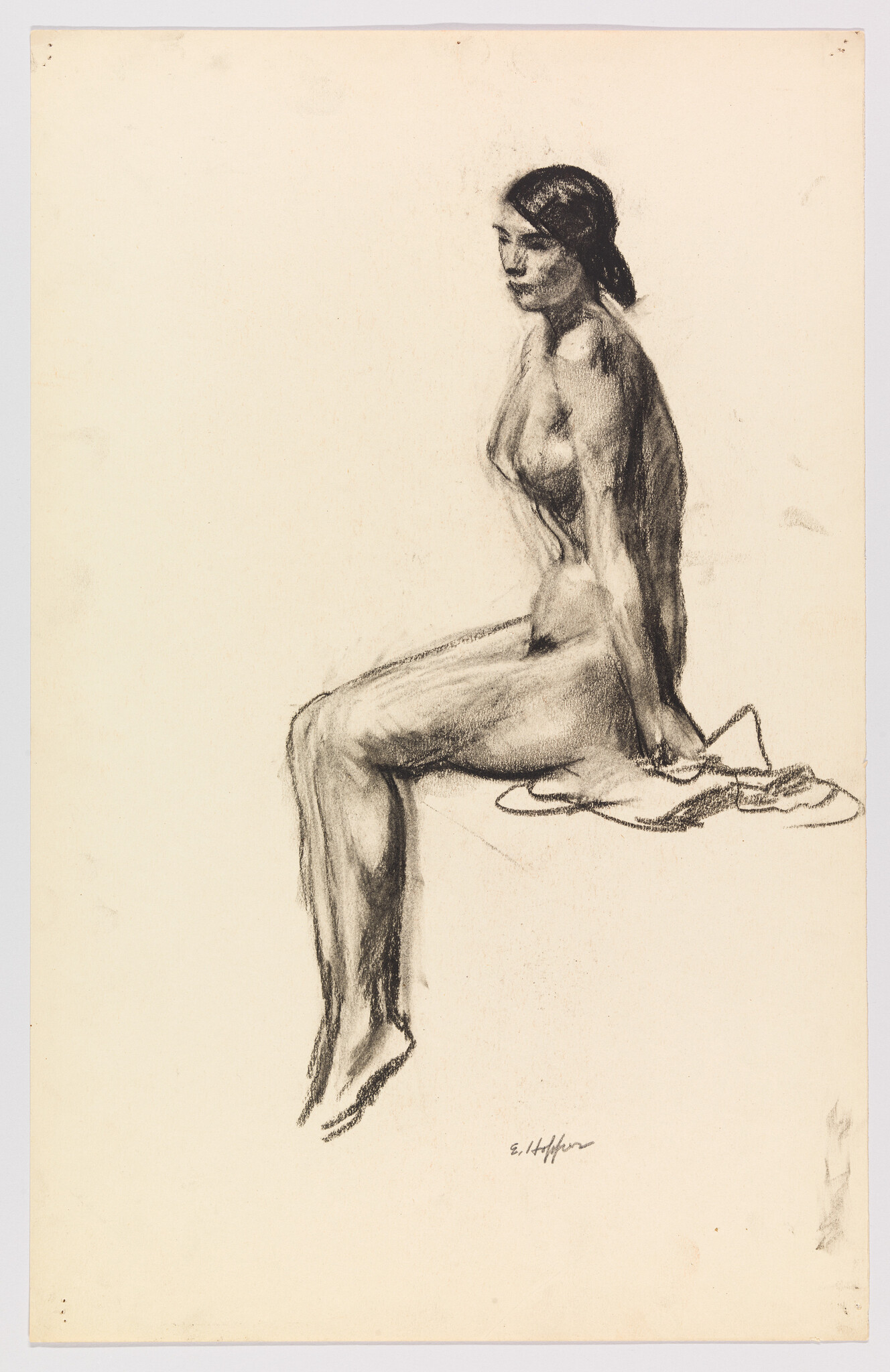 A charcoal sketch of a seated nude woman perched on a ledge, looking to the right.