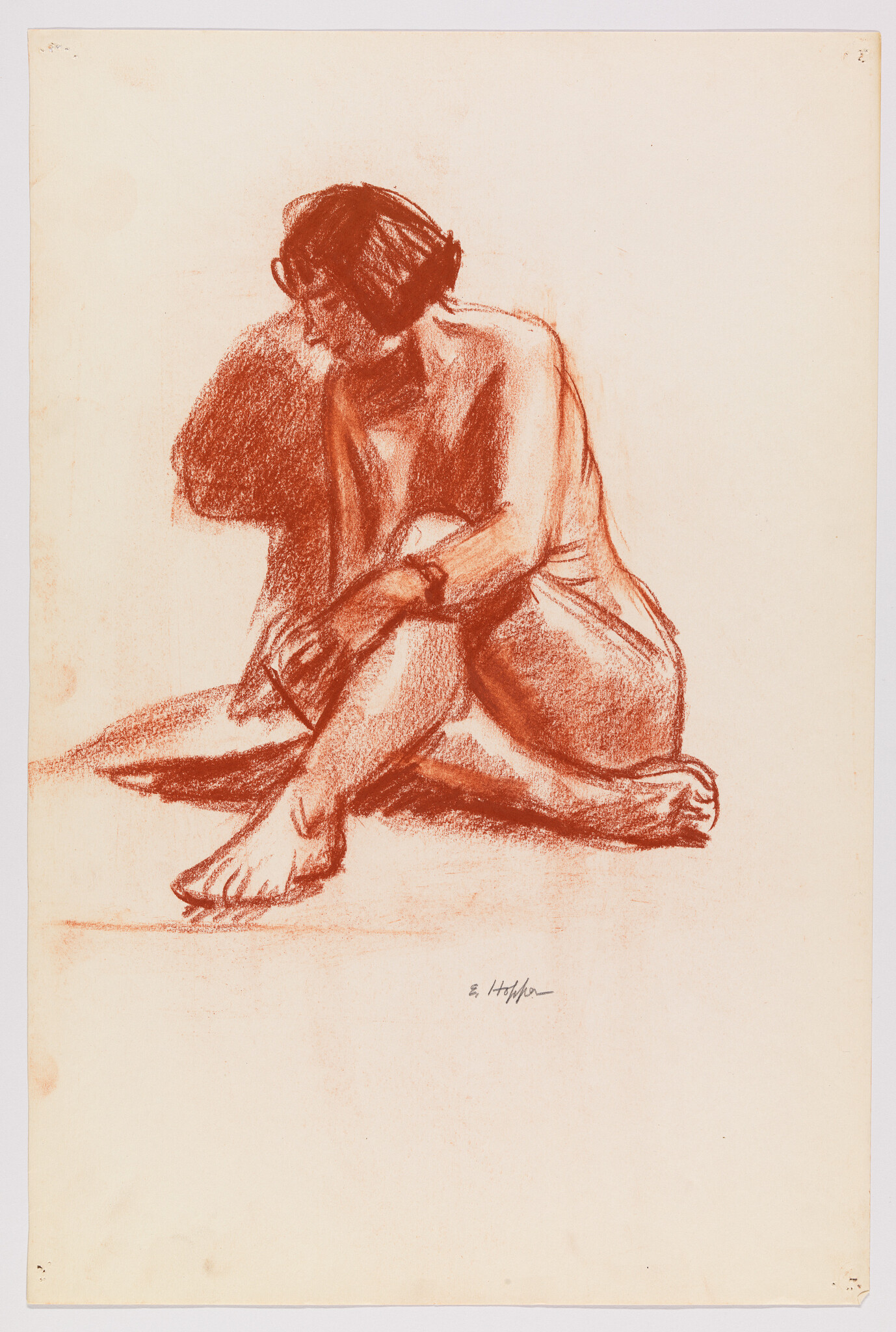 Seated woman drawn in red chalk, sitting with legs crossed and head turned downward.