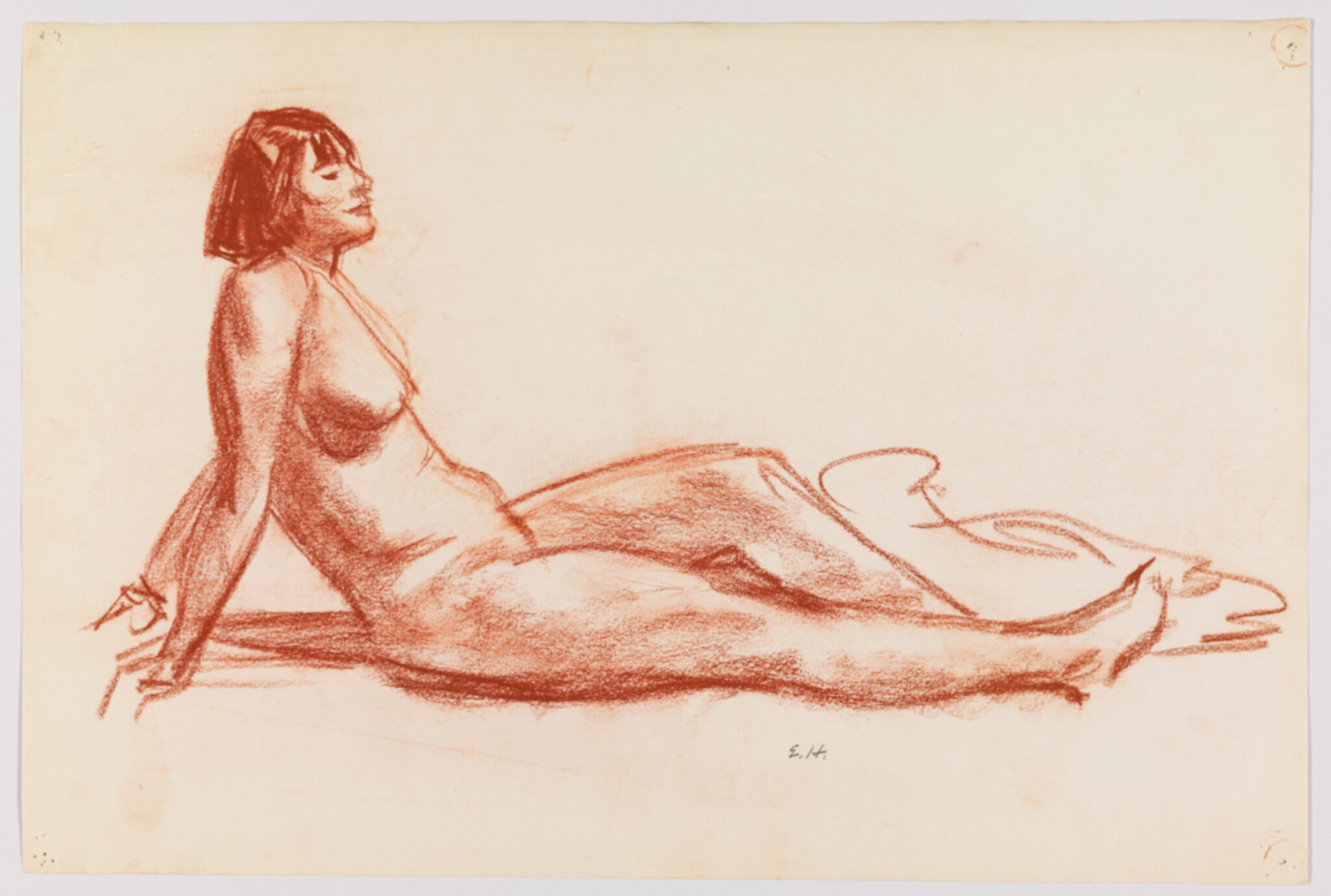 A reclining nude woman leans back on her hands with legs extended.