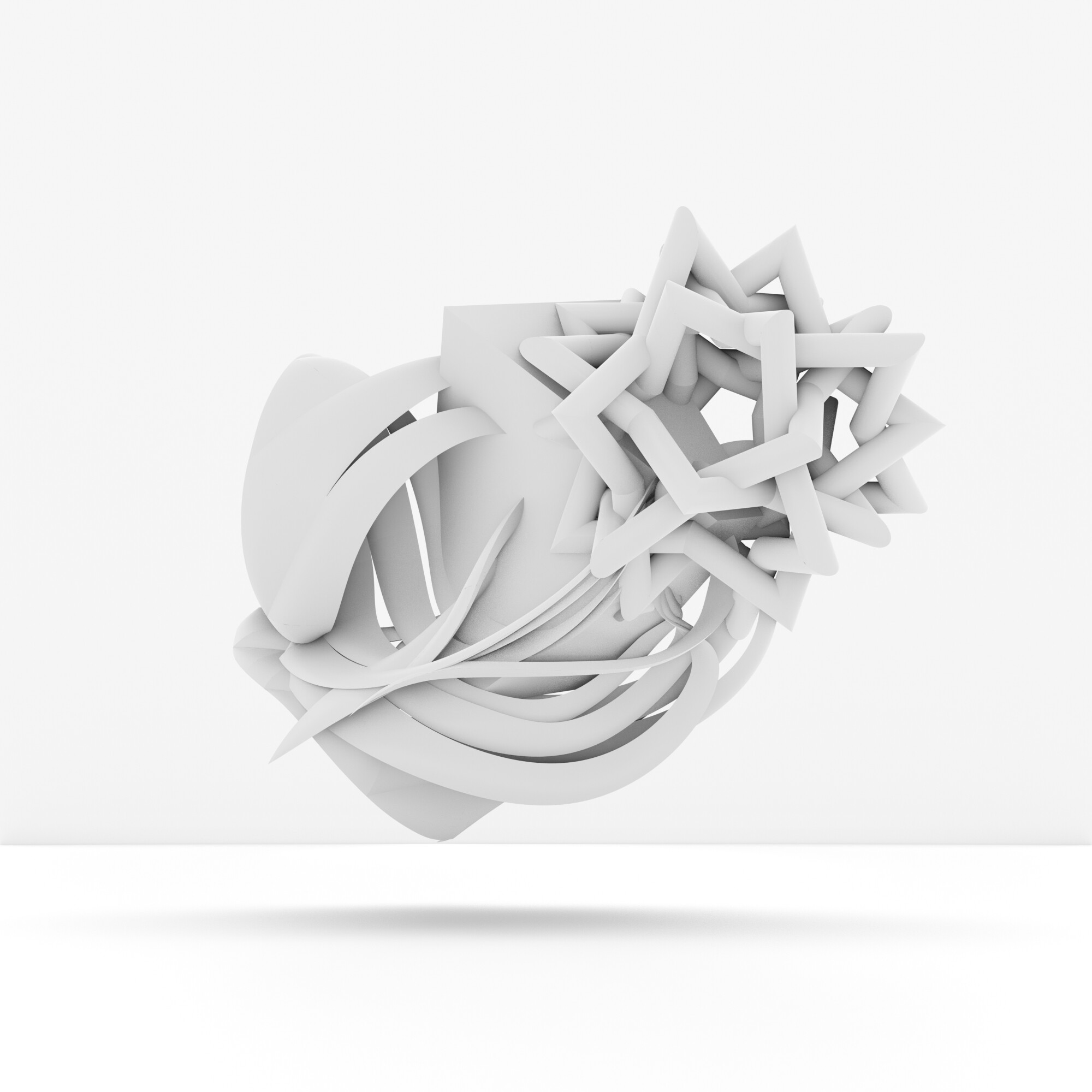 Abstract white 3D sculpture with intertwined geometric shapes on a plain background.