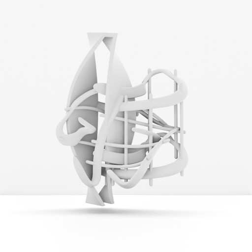 Abstract white 3D sculpture of intertwined loops and grid-like bars floating above the surface.