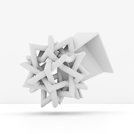 A floating tangled geometric star made of interlocking rounded beams beside a tilted open box.