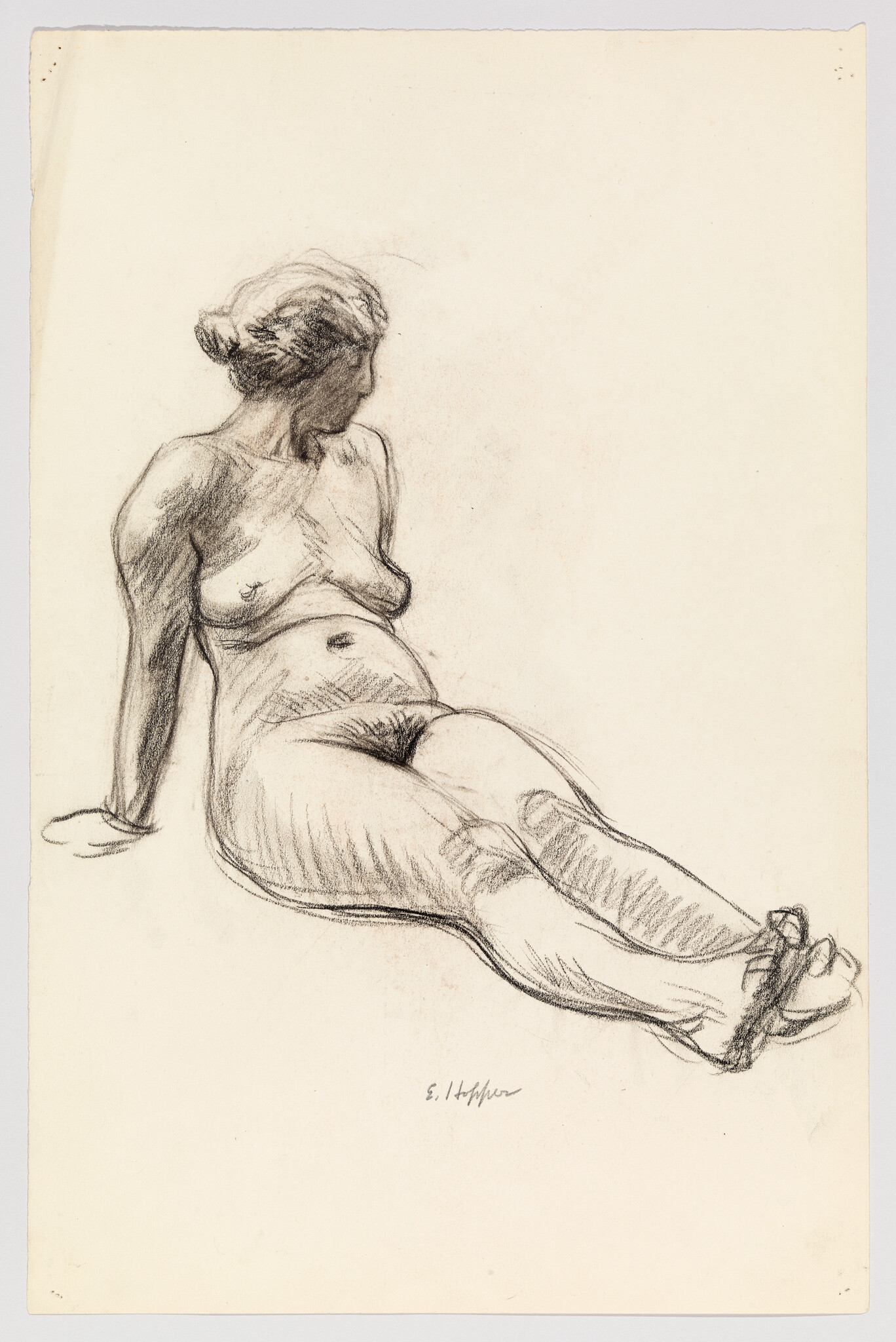 A seated nude woman leans back on her hands with her legs extended, looking sideways.