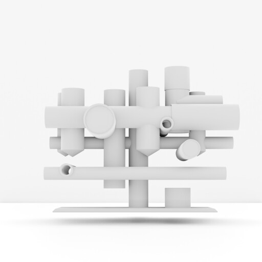 A modular assembly of white cylinders and pipes stacked horizontally and vertically on a base.