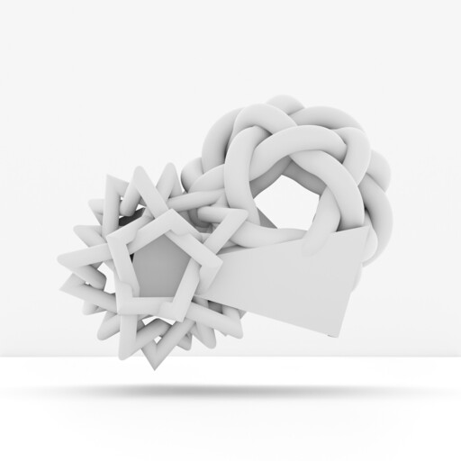 A braided torus and spiky star-shaped ring connected by a flat rectangular tag, floating above surface.