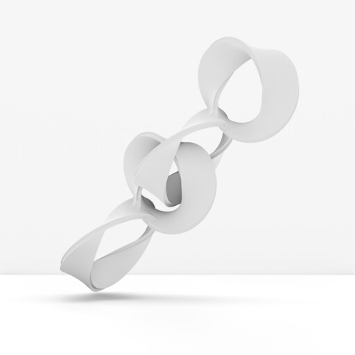 White looping ribbon sculpture floats diagonally above a plain white surface.