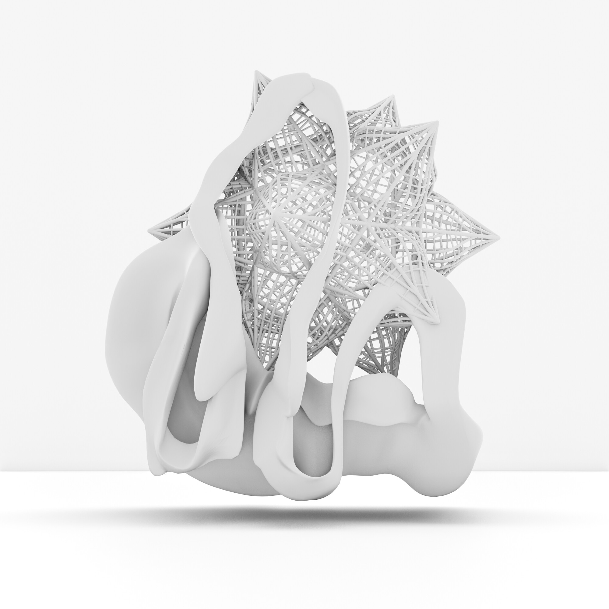 A complex white geometric sculpture with intricate lattice patterns enveloped by smooth, flowing forms on a white background.