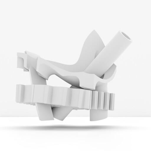 A floating white abstract mechanical sculpture with gears, curved supports, and a hollow cylindrical tube.