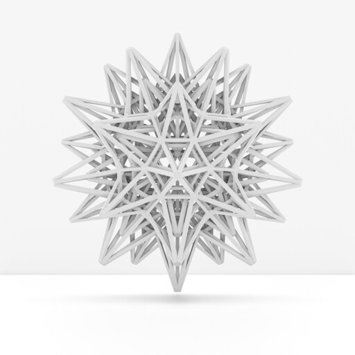 A complex white geometric star sculpture made of interlocking triangular frames appears to float above a white surface.