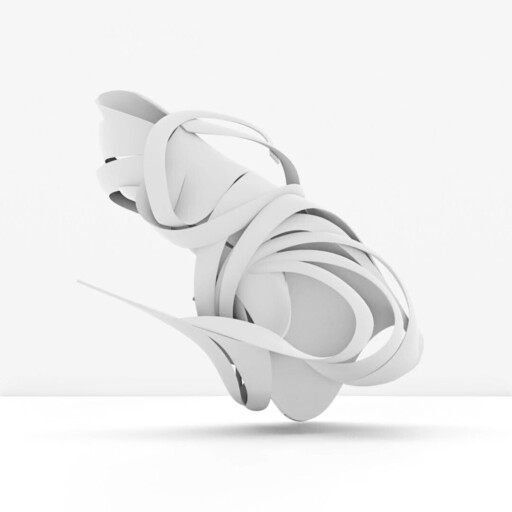 A floating white ribbon-like abstract sculpture with layered loops casting a soft shadow.