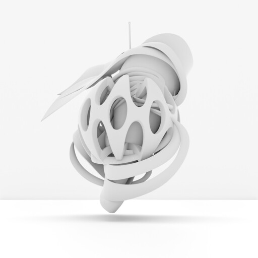 A white abstract 3D sculpture with interlocking rings and a perforated sphere floating above the floor.