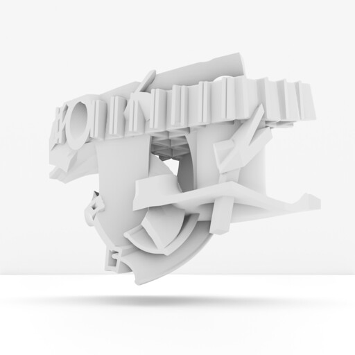 A white abstract 3D mechanical sculpture with gears, arrows, and layered shapes floating above a surface.
