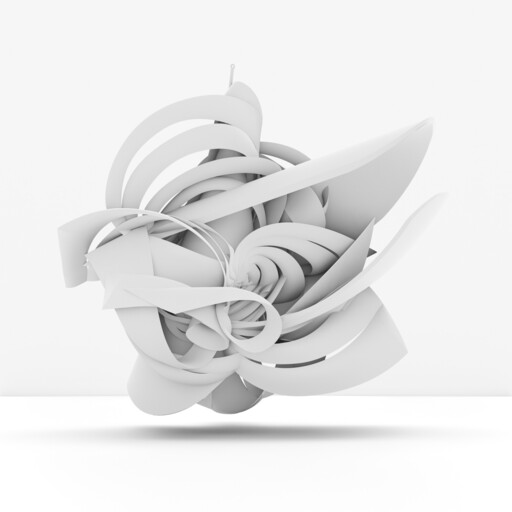 White abstract 3D ribbon sculpture hovering above a surface with a soft shadow beneath.
