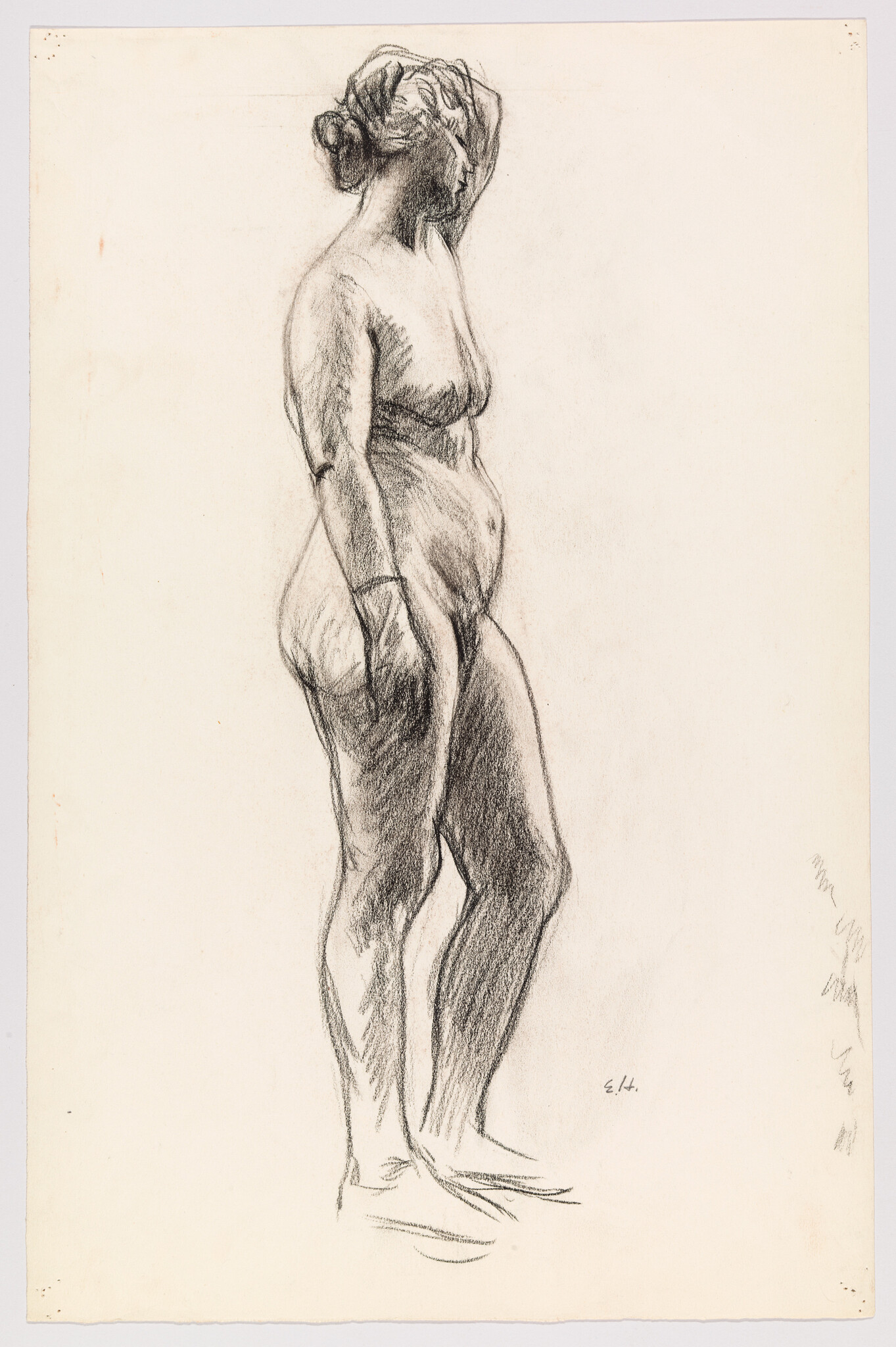 Standing nude woman sketched in charcoal, shown in a relaxed side profile pose.