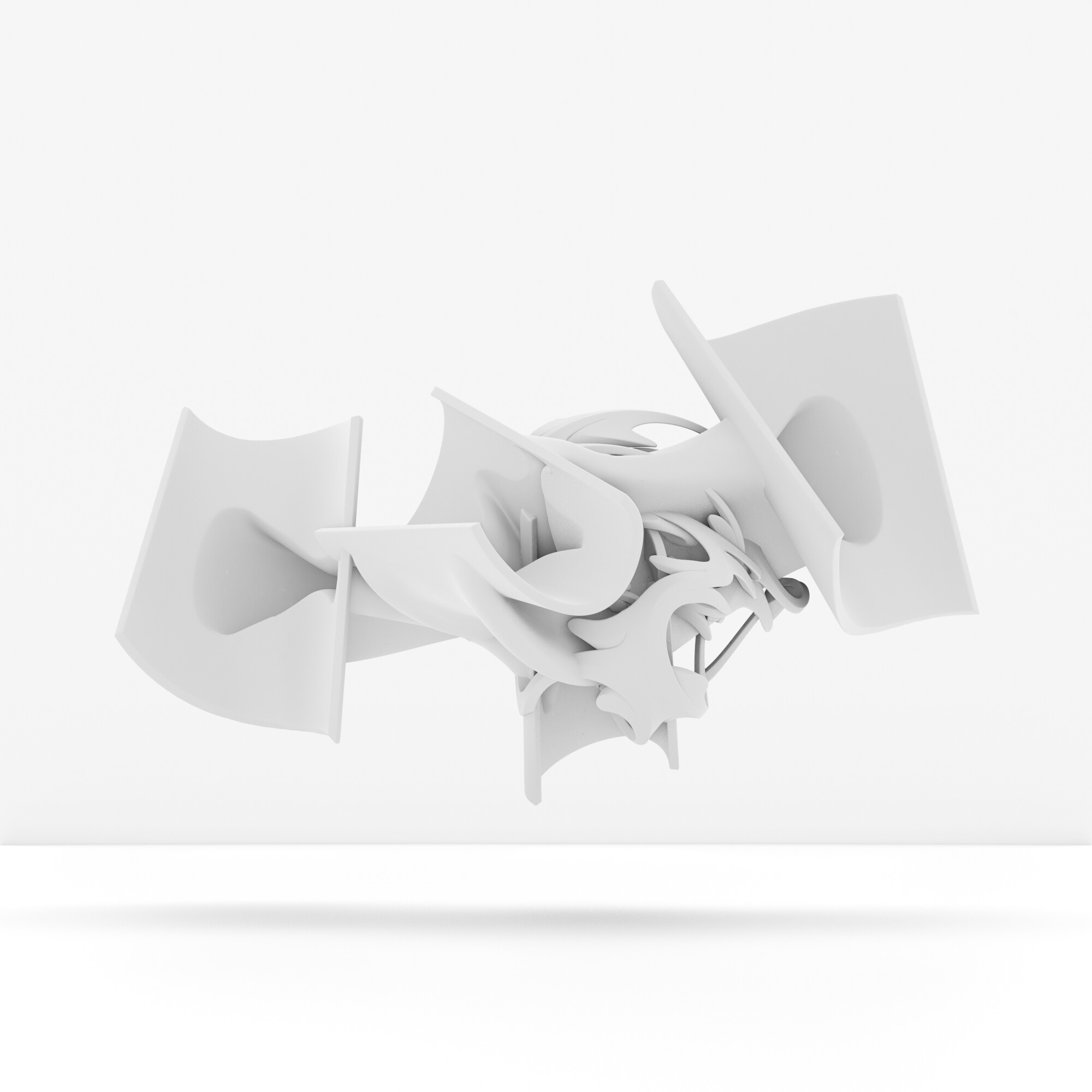 3D abstract white sculpture with intertwined shapes on a white background.