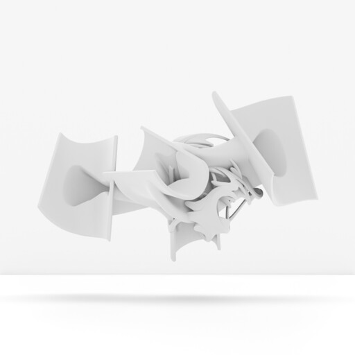 A white abstract 3D sculpture with curved panels appears to float above a soft shadow.