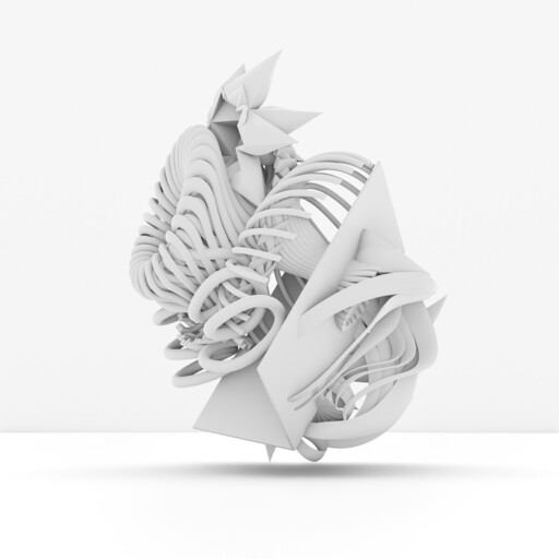 A floating white 3D abstract sculpture with looping ribbons, curved bands, and sharp angular panels.